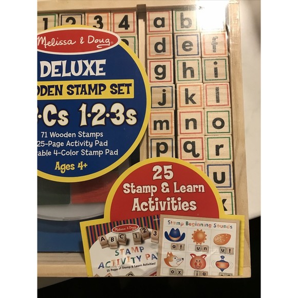 Melissa & Doug Deluxe Wooden Stamp Set Stamp Pad Activity Pad Stampers ABCs 123s - Picture 5 of 8